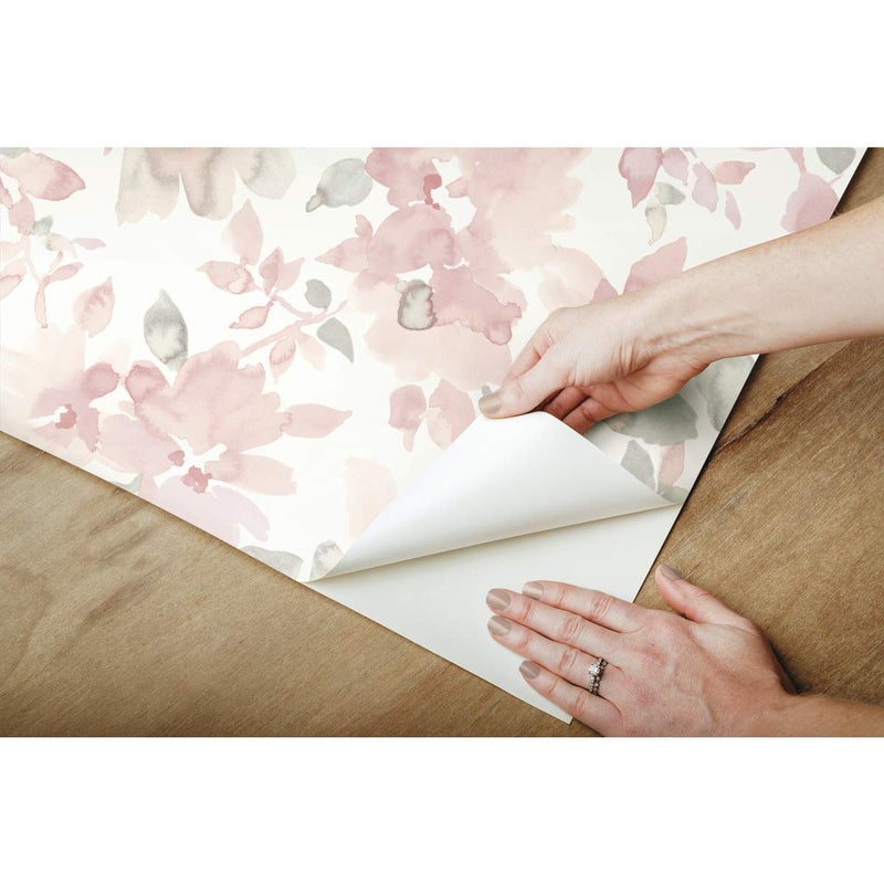 RoomMates RMK11702WP Pink and Green Watercolor Floral Peel and Stick Wallpaper - Image 4